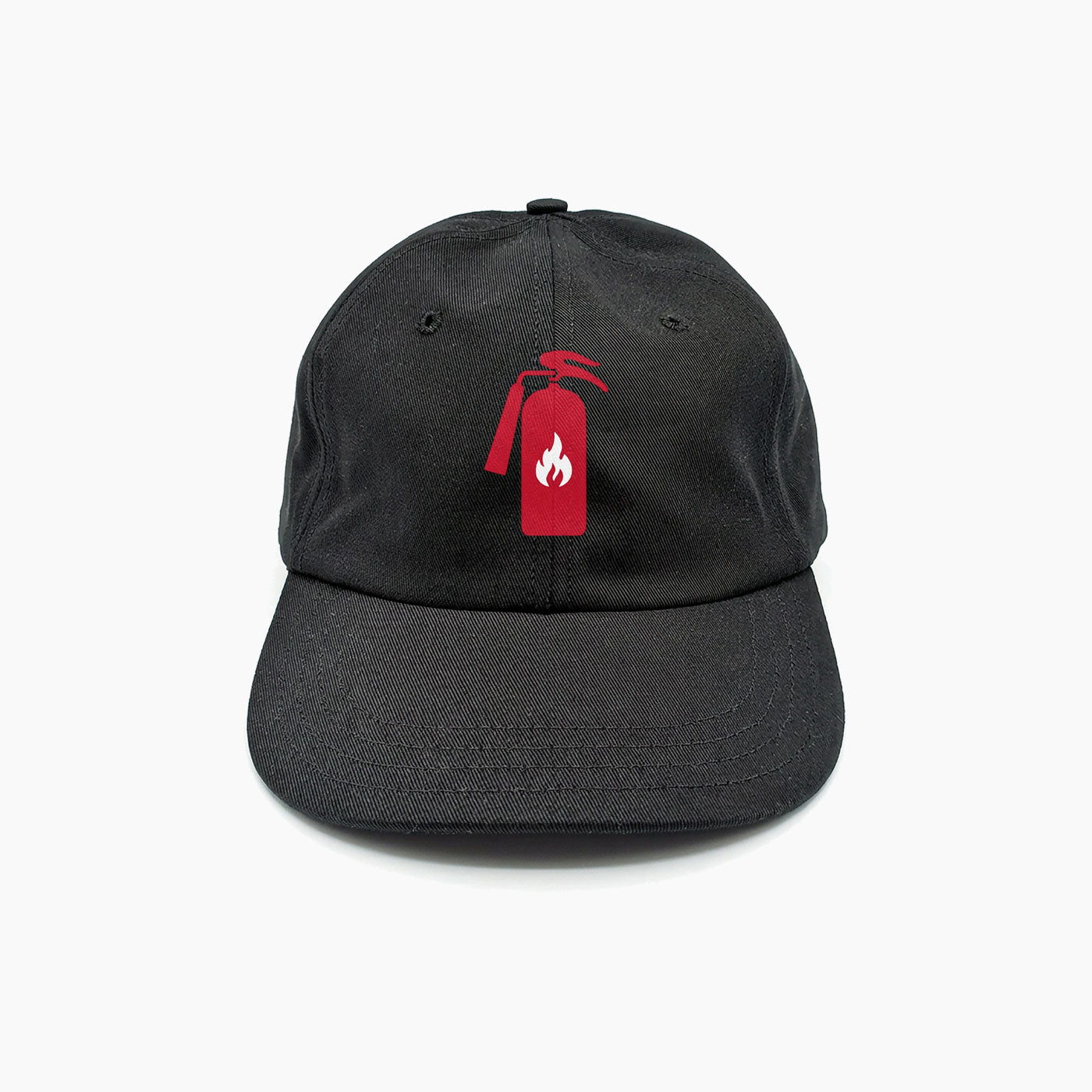 Black baseball cap with red fire extinguisher and white flame graphic on front.