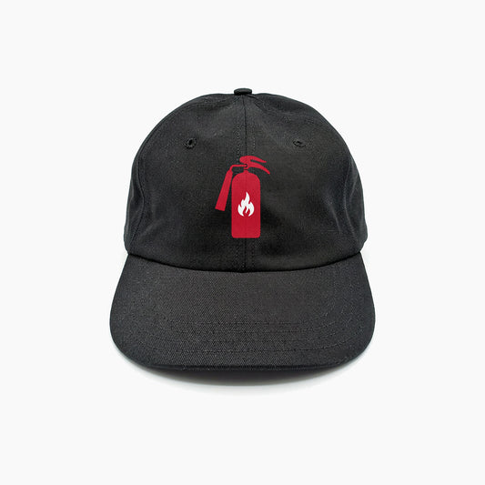 Black baseball cap with red fire extinguisher and white flame graphic on front.