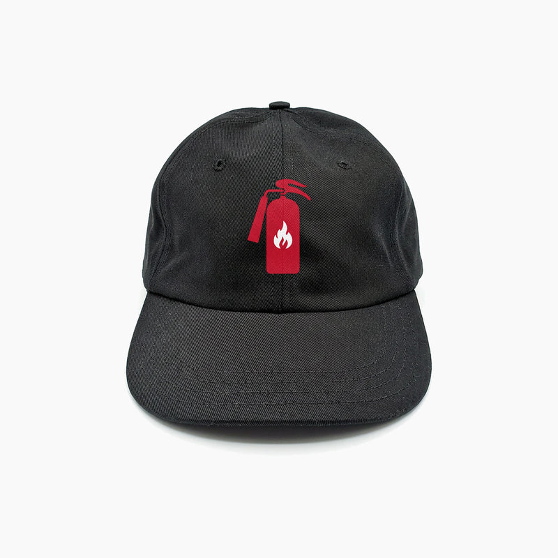 Black baseball cap with a red fire extinguisher and white flame graphic